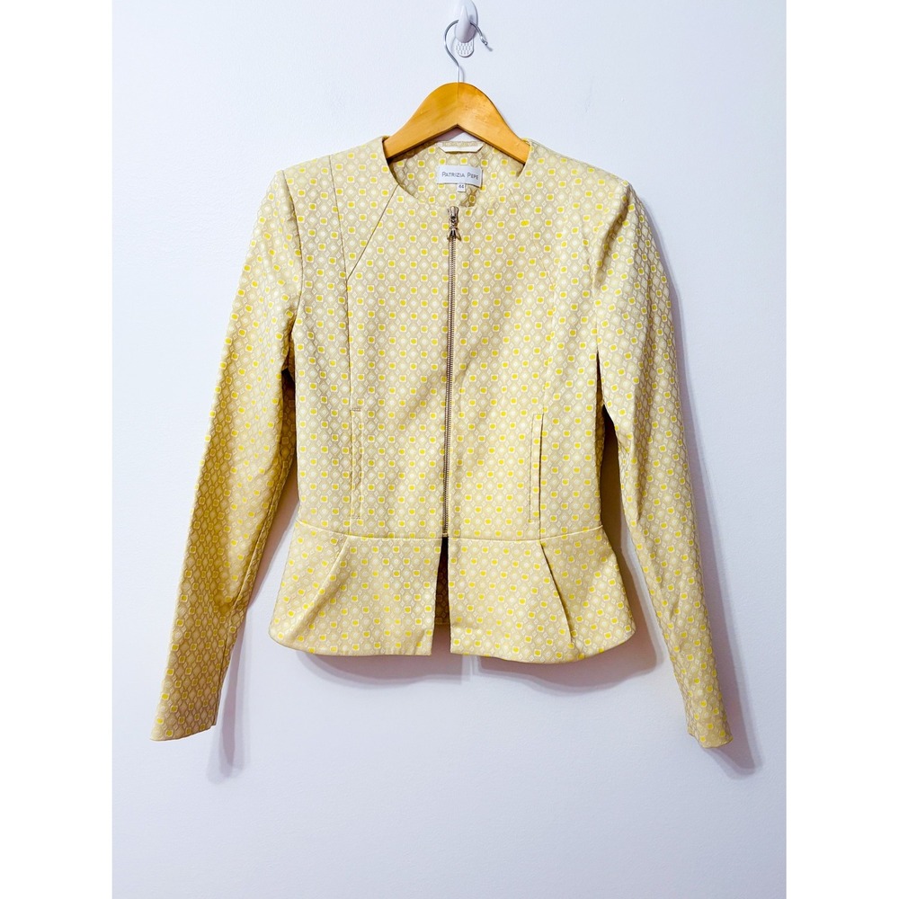 PATRIZIA PEPE Cream Yellow Geometric Peplum Zip Front Blazer Size 44 IT